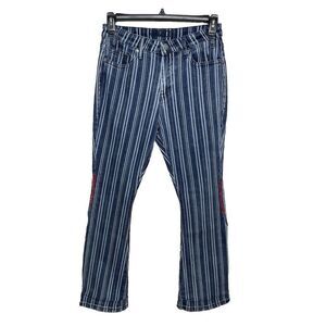 Rock & Roll Jeans 30 x 29 Blue Striped Denim Flared High Rise Red Embroidery